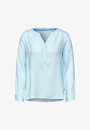 Světle modrá košile s dlouhým rukávem vyrobená z lehkého materiálu, s vertikálními bílými pruhy, V-výstřihem a knoflíkovým detailem na přední straně.