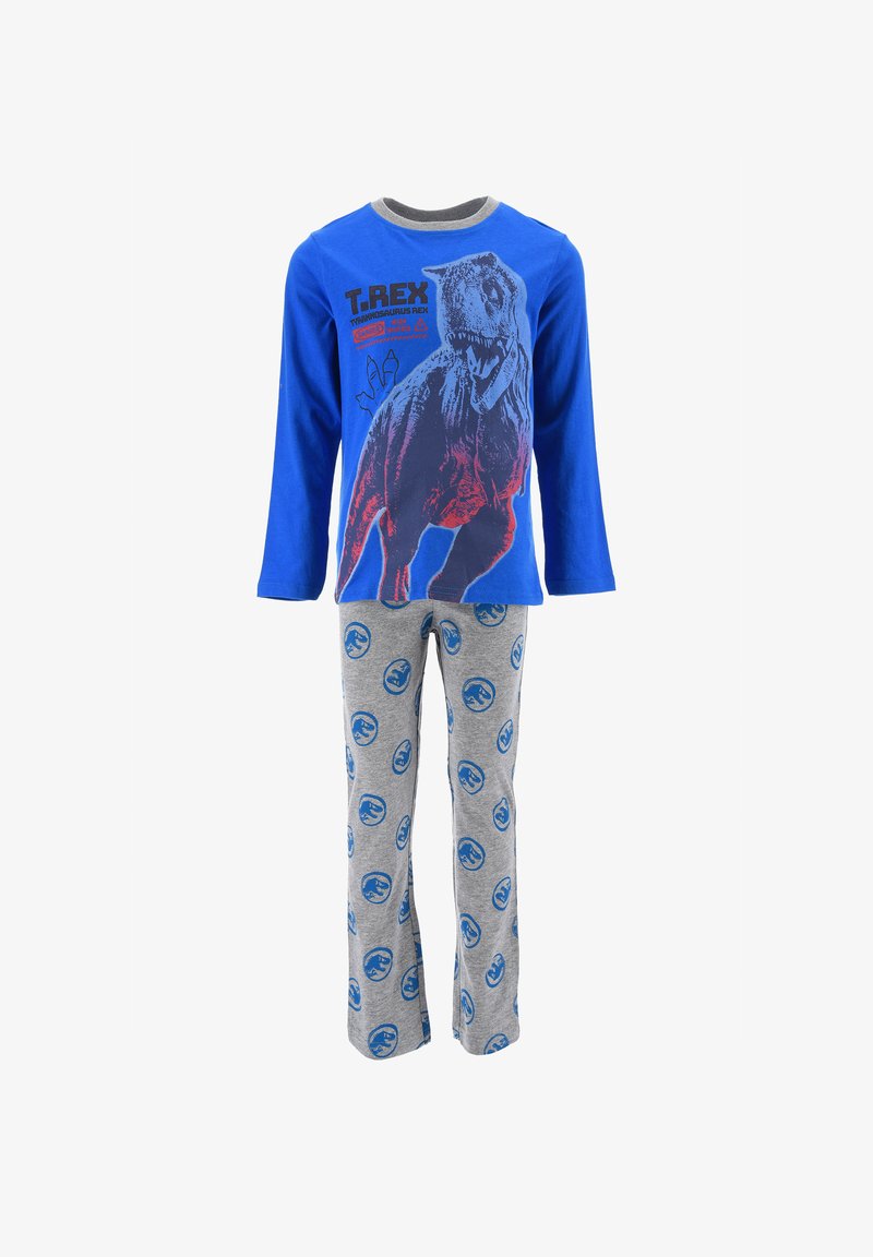 Blue long-sleeve shirt features a T. rex graphic; gray pants with circular dinosaur print. Made of soft fabric for comfort.