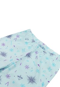 Light blue fabric shorts featuring a pattern of purple and turquoise geometric shapes and snowflakes, with an elastic waistband.
