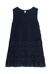 Marineblaue ärmellose Kleid mit einem strukturierten Häkelmuster und einem bodenlangen floralem Spitzenunterteil, mit einem Schlüsselloch-Rücken und einer geschichteten Rüsche am Saum.