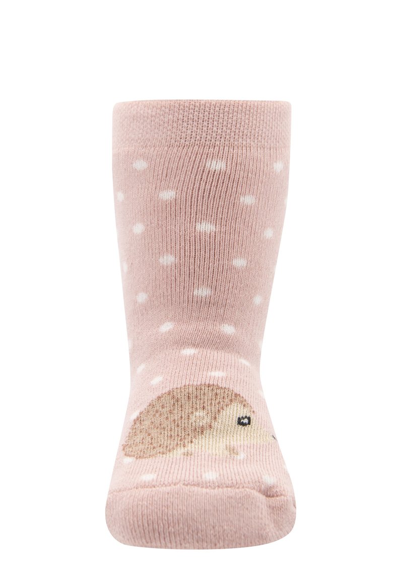 Różowe skarpetki w białe kropki, z wzorem jeża po boku. Wykonane z miękkiego materiału, są elastyczne i sięgają do kostki.
