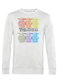 Vit sweatshirt med en färgglad grafik av flera karaktärer med stora öron och kåpor, med titeln "THE CHILD" i fet svart text nedanför.