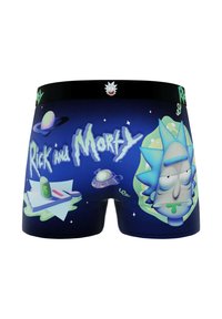 Boxer shorts sur le thème de Rick et Morty avec un fond bleu foncé, des graphiques en cartoon de Rick, des vaisseaux spatiaux et des accents verts.