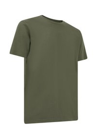 T-shirt in cotone verde oliva con maniche corte, collo rotondo, taglio dritto e senza motivi o grafiche visibili. Tessuto morbido.
