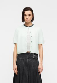 Νεαρή γυναίκα με κοντά σκούρα μαλλιά, φοράει ανοιχτό μπλε ζακέτα με κοντά μανίκια πάνω από ριγέ crop top και μαύρη πλισέ φούστα με ψηλή μέση.