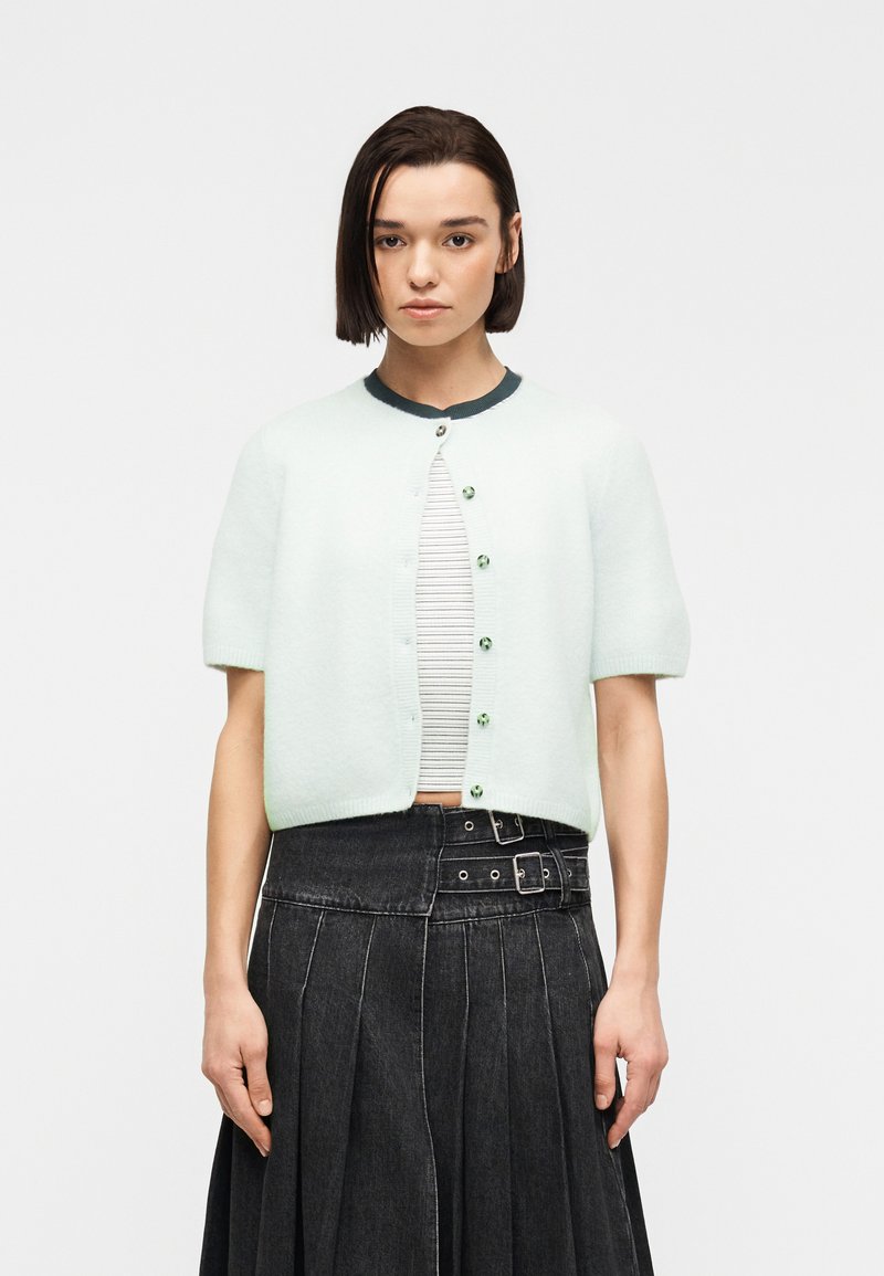 Νεαρή γυναίκα με κοντά σκούρα μαλλιά, φοράει ανοιχτό μπλε ζακέτα με κοντά μανίκια πάνω από ριγέ crop top και μαύρη πλισέ φούστα με ψηλή μέση.