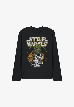Schwarzes Langarmshirt mit einer grünen Alien-Figur in einem orange-weißen Outfit, Star Wars-Logo oben und "Bounty Hunter For Hire" Text unten.