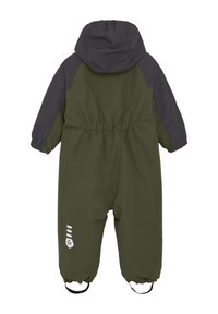 Grön och grå vattentät vinteroverall med huva, elastisk midja och manschetter samt fotremmar för säker passform. Har logotypdetalj.