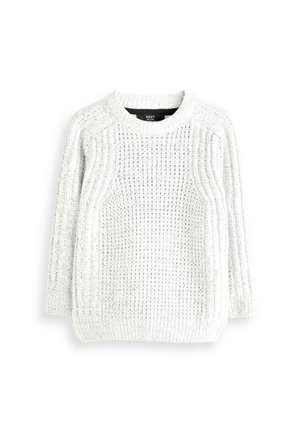 Weißer, gestrickter Pullover mit Rundhalsausschnitt, mit gerippten Bündchen und Saum, durchgehend mit einem strukturierten Muster versehen.