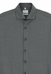 Grau kariertes Hemd mit Strukturmuster, ausgestattet mit einem Standardkragen, taillierter Passform und sechs schwarzen Knöpfen an der Vorderseite.