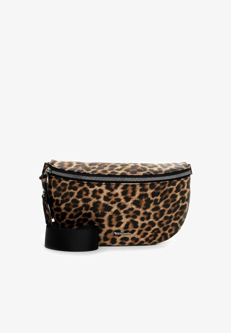 Bæltetaske med brunt og sort leopardmønster, sort justerbar rem og en vandret sølv lynlås foran.