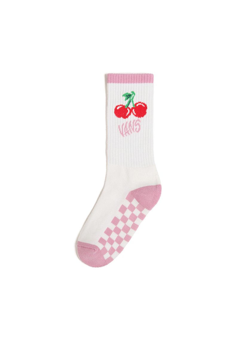 Vit strumpa med rosa rutmönster på tån och hälen, med en körsbärsgrafik och "VANS"-logotyp i grön och rosa broderi.