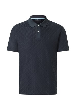 Mørk navy kortærmet polo med diskret diamantmønster, to hvide knapper og klassisk krave.