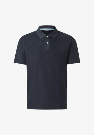 Tumma laivastonsininen lyhythihainen poolopaita, jossa on hienovarainen timanttikuosi, kaksi valkoista nappia ja klassinen kaulus.