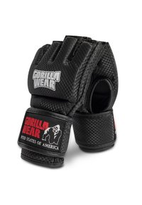 Zwarte traininghandschoenen met open vingers, een gestructureerd oppervlak, een gevoerde palm, een versterkt duimgebied en merkpatches in wit en rood.