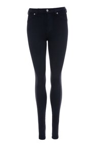 Jean skinny noir avec fermeture à boutons et fermeture éclair, poches avant, et jambes ajustées et effilées.