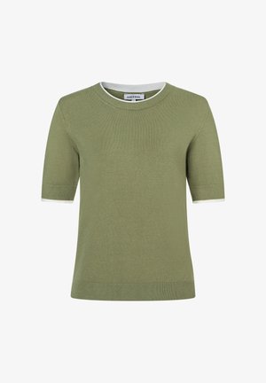 Olijfgroene trui met korte mouwen, ronde halslijn en witte bies aan de mouwen. Zachte, rekbare gebreide stof met een aansluitende pasvorm.