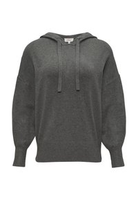 Szara, luźna bluza z kapturem, z szerokimi rękawami i detalami w postaci sznureczków. Miękka tekstura materiału oraz ściągacze przy rękawach i u dołu.