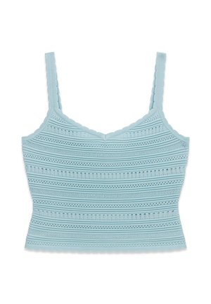 Top corto de punto azul claro con tirantes finos ondulados y rayas horizontales con patrón en la tela.