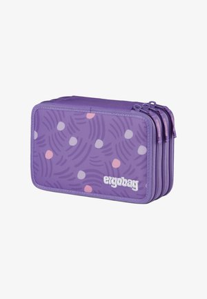 Purple pencil case with a textured pattern of wavy lines and polka dots in pink and light gray. Features three zippers and white branding.