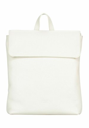 Sac à dos en cuir blanc avec fermeture à rabat et poignée supérieure, présenté de face sur un fond blanc uni.