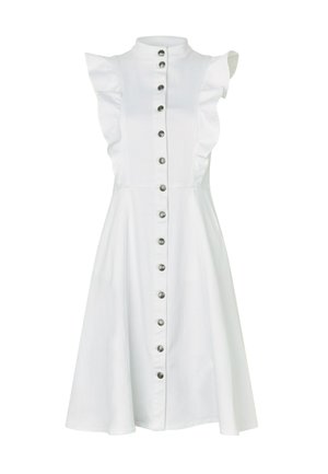 Valge varrukateta kleit kõrge kraega, ees nööbitav ja õlgade ning käeavade ääres volangide detailidega.