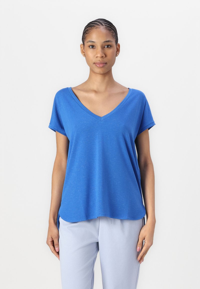 T-shirt blu in cotone con scollo a V, maniche corte, vestibilità rilassata e orlo leggermente curvo. Tessuto morbido con un sottile motivo mélange.