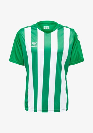 Grün und weiß gestreiftes Sporttrikot aus leichtem Stoff, mit V-Ausschnitt und kurzen Ärmeln. Logo auf der Brust.