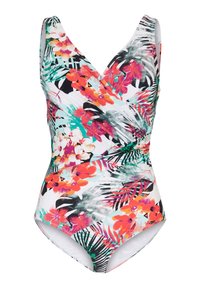 Maillot de bain une pièce au motif floral vibrant avec des rouges, des oranges, des verts et du noir. Caractérisé par un design enveloppant et de larges bretelles.
