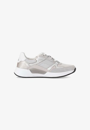 Light grey sneakers with a mix of mesh and synthetic leather. Features silver accents, textured panels, and a white sole. Lace-up design.