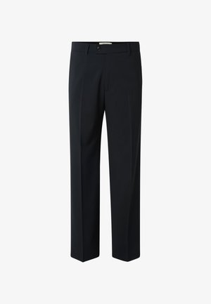 Pantaloni eleganti da donna neri con piega frontale, chiusura con bottone, passanti per cintura e taglio classico a gamba dritta.