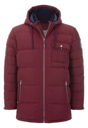 Maroon puffer jacket with hood, featuring a zip front, two side zip pockets, and a chest pocket. Quilted design with navy lining.