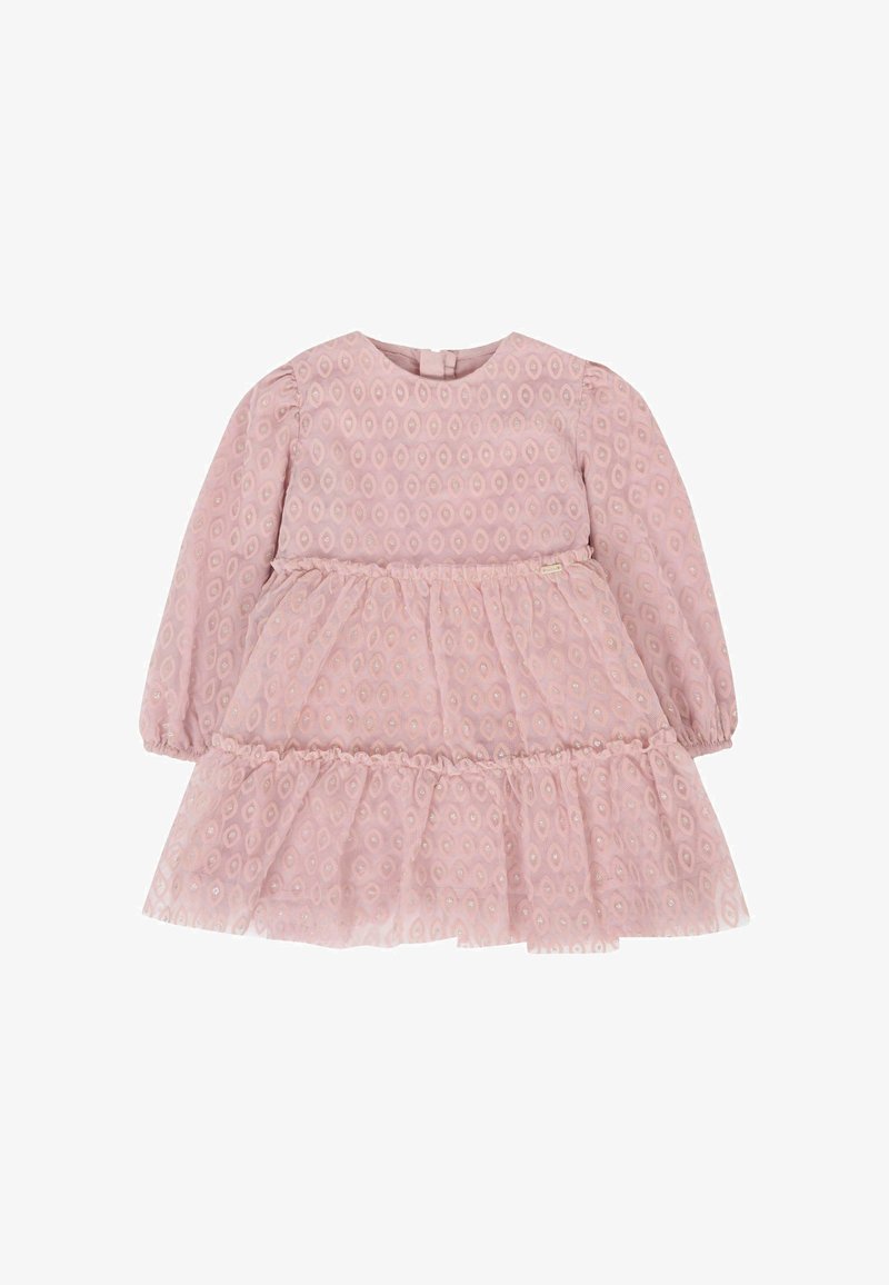 Abito rosa chiaro con maniche lunghe, collo rotondo, tessuto testurizzato con motivo a diamante, orlo arricciato e chiusura con bottone sul retro.