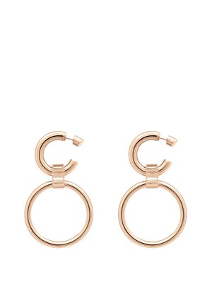 Cirkulære hoops øreringe i rosaguld metal, med et lagdelt design der inkluderer en mindre løkke over en større ring. Glat, skinnende finish.