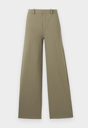 Light olive wide-leg trousers with a smooth texture, featuring a front zipper, belt loops, and two side pockets.