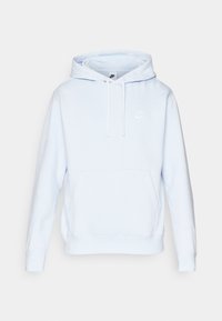 Světle modrá mikina z měkkého materiálu, s přední kapsou, kapucí na šnúrku a bílým logem Nike na hrudi. Klasický střih s elastickými manžetami.