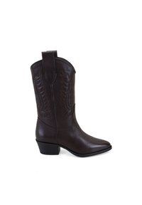 Bottine cowboy en cuir marron avec un bout pointu, surface texturée, détails brodés sur la tige et un petit talon empilé.