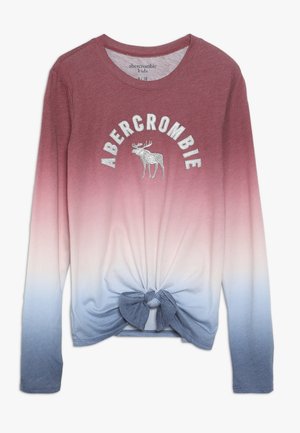 Dziecięca koszulka z długim rękawem z gradientem od bordo do niebieskiego, z logo Abercrombie i grafiką łosia, z węzłem z przodu na dole.