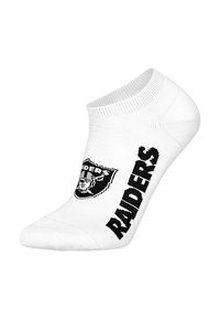 White ankle socks featuring a black Raiders logo and bold "RAIDERS" text on the side. Made of a smooth, stretchy material.