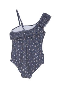 En axelbandsbadräkt i marinblått med en volangkant, prydd med blommönster i krämfärg och gult, tillverkad av elastiskt tyg.