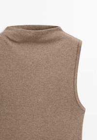 Brown sleeveless top with a high neck, made from a soft, textured fabric. Features a simple design and smooth edges.