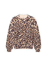 Pull en imprimé léopard en tissu doux et texturé. Présente des manches longues, un col rond et des poignets côtelés. La palette de couleurs inclut des tons beige et marron foncé.