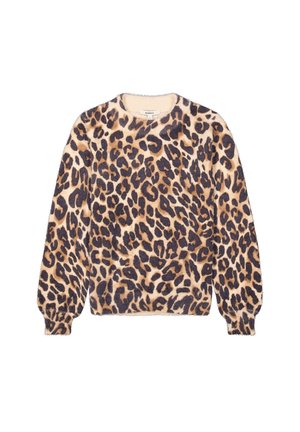 Leopard print sweater in soft, textured fabric. Features long sleeves, a round neckline, and ribbed cuffs. Color palette includes tans and dark browns.