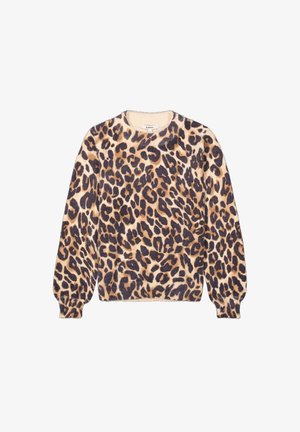 Pull en imprimé léopard en tissu doux et texturé. Présente des manches longues, un col rond et des poignets côtelés. La palette de couleurs inclut des tons beige et marron foncé.