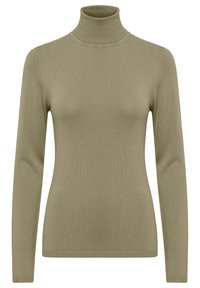 Olivgrön polotröja med ribbat mönster, långa ärmar och en åtsittande design, tillverkad av ett mjukt och elastiskt material.