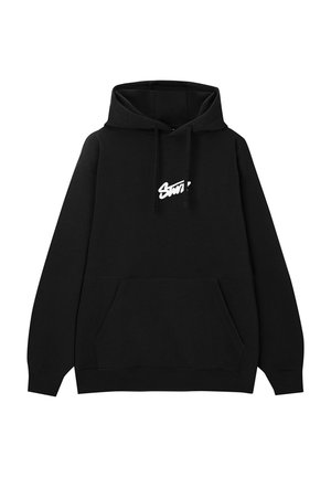 Black pullover hoodie with a front pocket and white stylized script logo centered on the chest, featuring drawstrings on the hood.