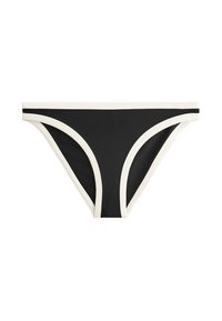 Svart bikinitopp med krämfärgad kant och detaljer. Har en lågt skuren design och en mjuk textur, utformad för komfort och passform.