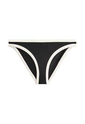 Black bikini bottom with cream-colored trim and accents. Features a low-rise cut and smooth texture, designed for comfort and fit.