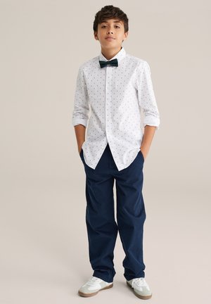 Balta krekls ar maziem tumšiem rakstiem, tumši zili bikses un zaļa tauriņa. Krekla piedurknes ir sarullētas. Baltas sporta kedas.