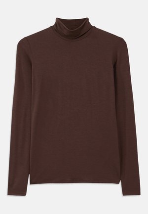 Brown long-sleeve turtleneck top made of soft, stretchy fabric. Features a snug high neckline and a straight hem with minimal stitching.